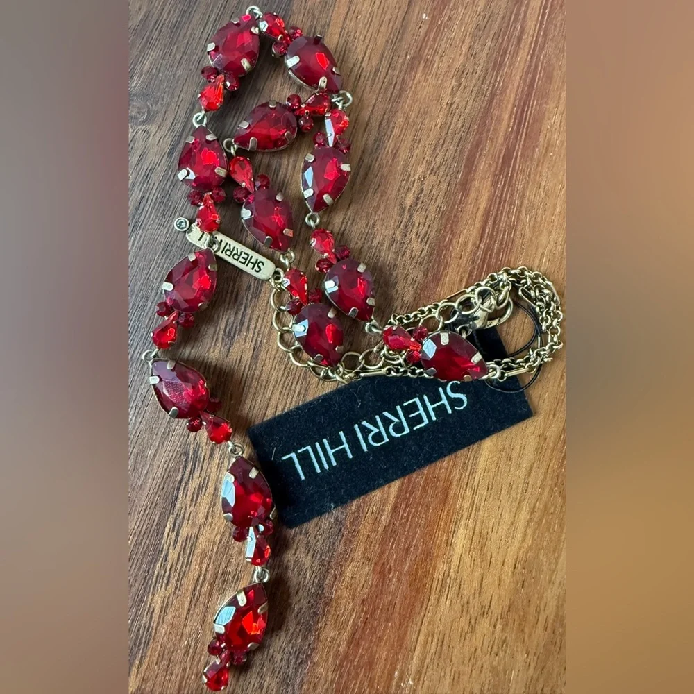 New Sherri Hill Ruby Red Necklace Y Tie Rhinestone Long Prom Event Dance